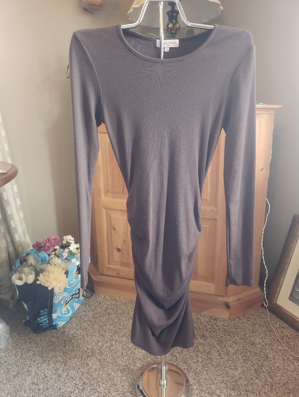 Michael Stars Long Sleeve Ruched Midi Dress in Java (Brown)